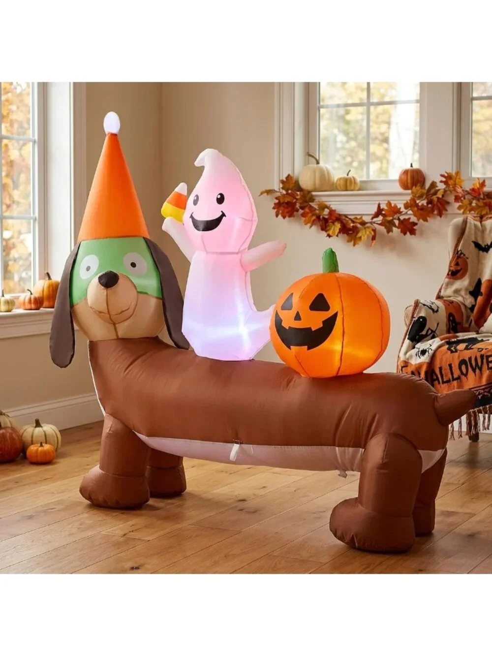 5FT Halloween Inflatable Dachshund & Ghost Yard Decoration - Festive Outdoor